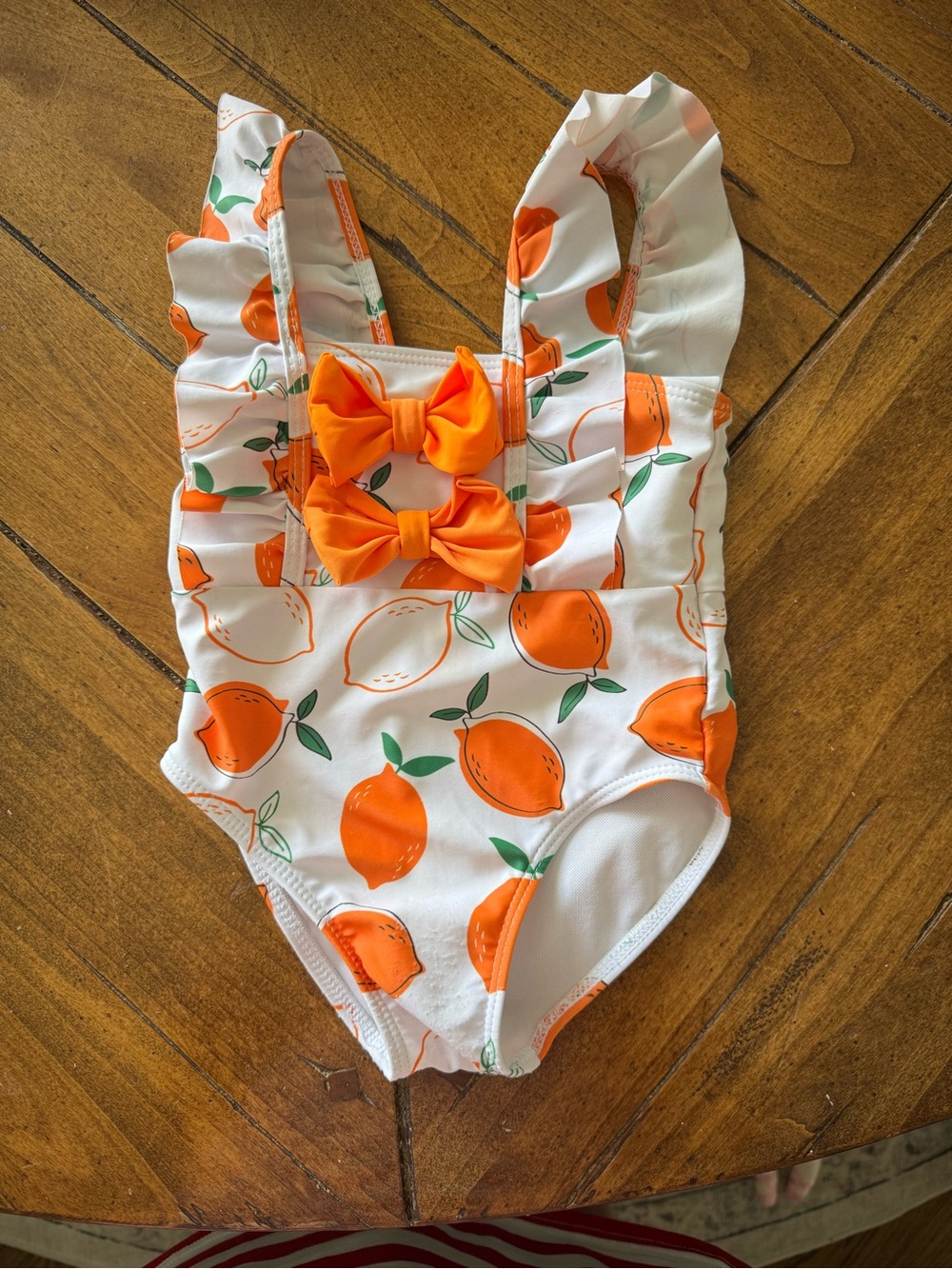 SHEIN White One-Piece Swimsuit with Orange Fruit Print and Orange Bows